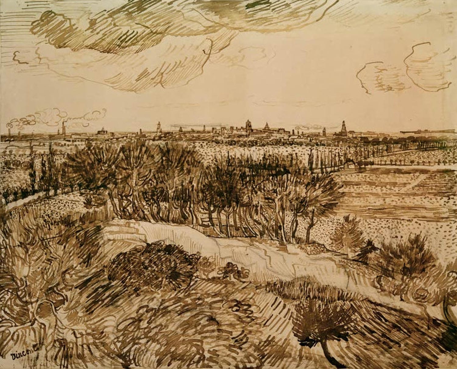 Kunstdruck des Gemäldes „Arles von Montmajour“ von Vincent van Gogh mit Panorama der Stadt Arles, lebendigen Farben und expressiven Pinselstrichen.