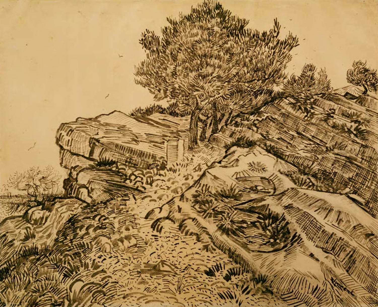 Kunstdruck des Gemäldes „Der Felsen von Montmajour mit Pinien“ von Vincent van Gogh mit felsiger Landschaft, Pinienbäumen und intensiven Farben im typischen Van-Gogh-Stil.