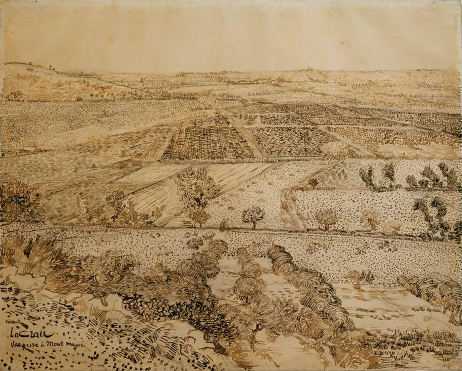 Kunstdruck des Gemäldes „La Crau vom Montmajour“ von Vincent van Gogh mit weiter Landschaft, Feldern und lebendigen, expressiven Farben.