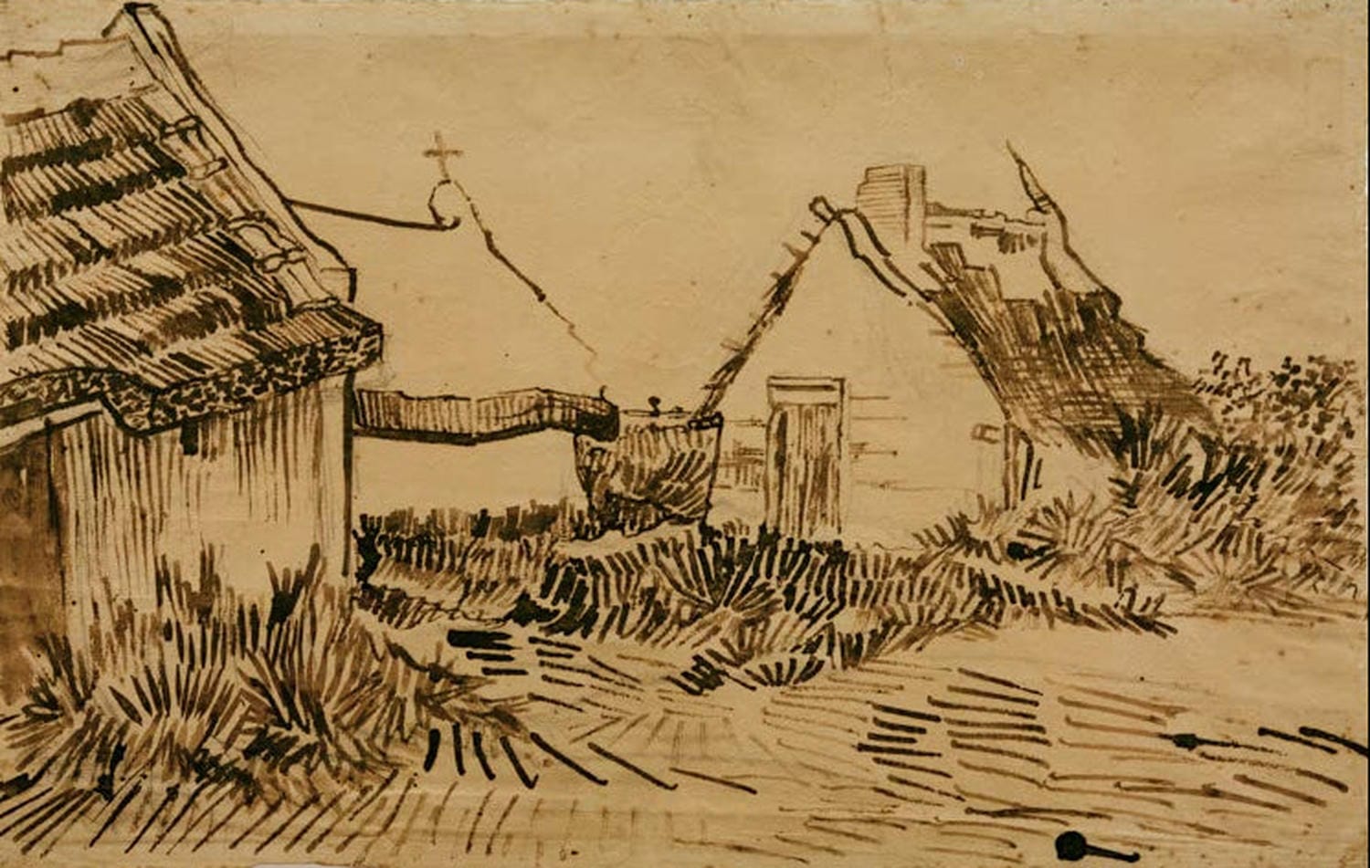 Kunstdruck des Gemäldes „Häuser in Saintes-Maries“ von Vincent van Gogh mit malerischen Häusern, leuchtenden Farben und expressiven Pinselstrichen.