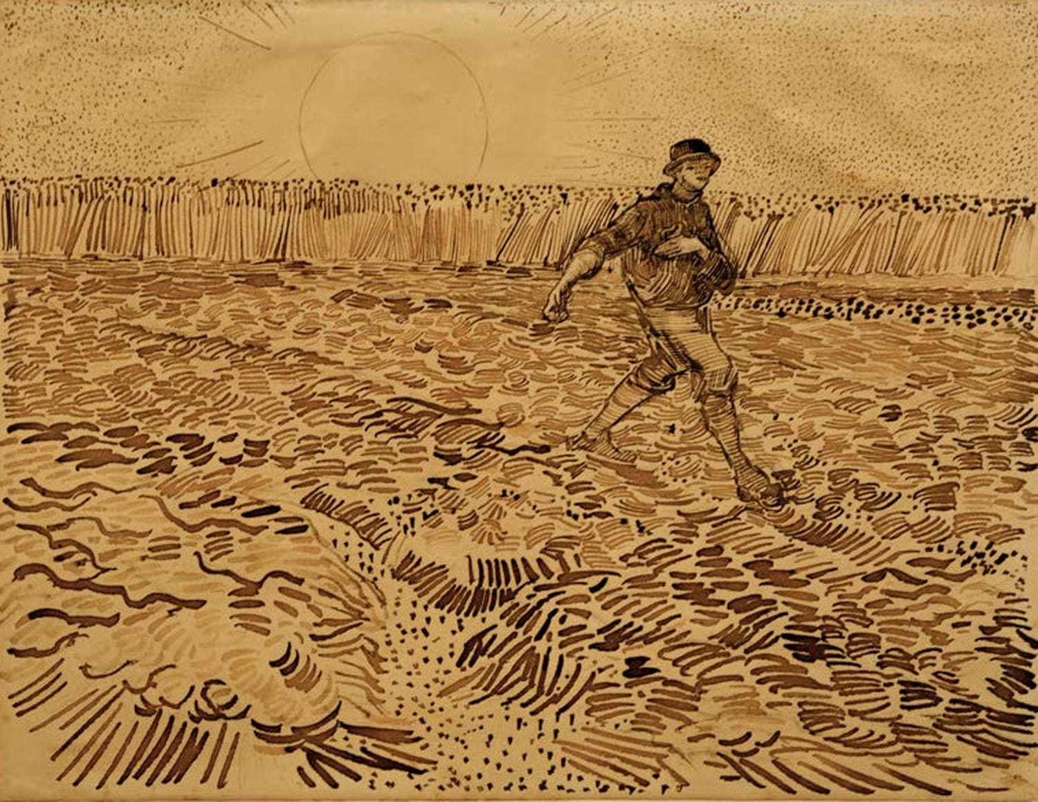 Kunstdruck des Gemäldes „Sämann“ von Vincent van Gogh mit einem Bauern beim Aussäen auf dem Feld, lebendig in Farbe und dynamischen Pinselstrichen.