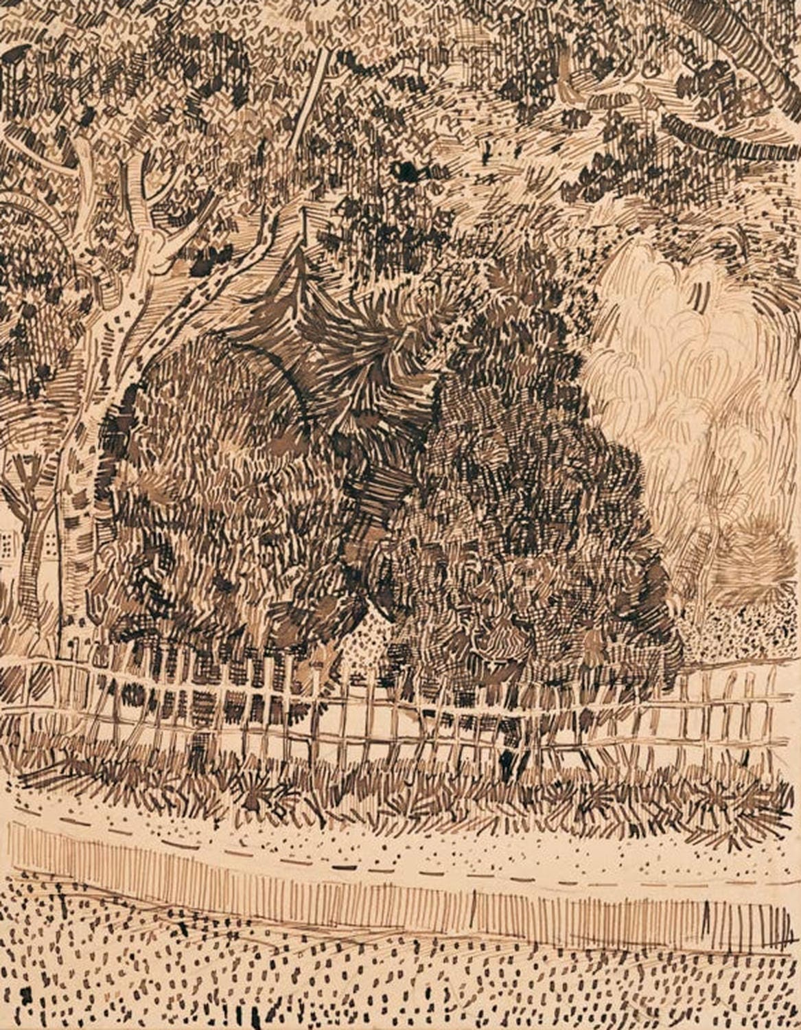 Kunstdruck des Gemäldes „Park mit Zaun“ von Vincent van Gogh mit einem Park, Holzzaun und lebendigen, expressiven Farben im typischen Van-Gogh-Stil.