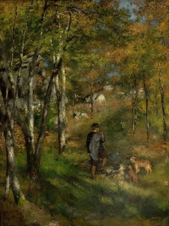 Gemälde "Der Maler Le Cœur auf der Jagd im Wald von Fontainebleau" von Pierre-Auguste Renoir mit Jagdszene im herbstlichen Wald.