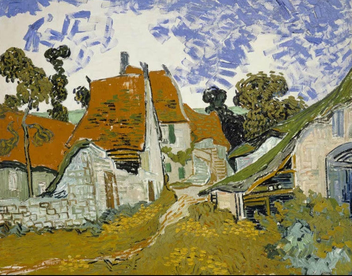 „Dorfstraße in Auvers“ von Vincent van Gogh: Dorfstraße mit Häusern und Bäumen, in lebendigen Farben und dynamischen Pinselstrichen dargestellt.