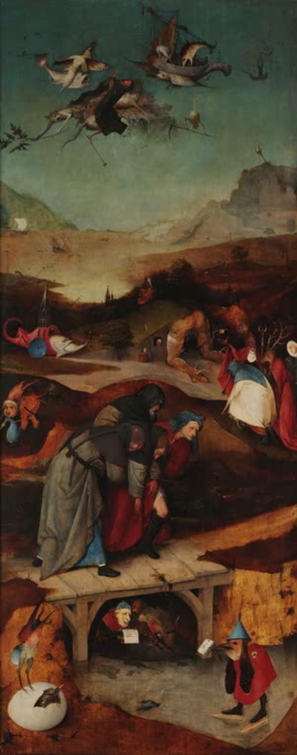 Die Versuchung des heiligen Antonius (linker Flügel) - Hieronymus Bosch  düstere, von fantastischen Dämonen und alptraumhaften Gestalten bevölkerte Szene