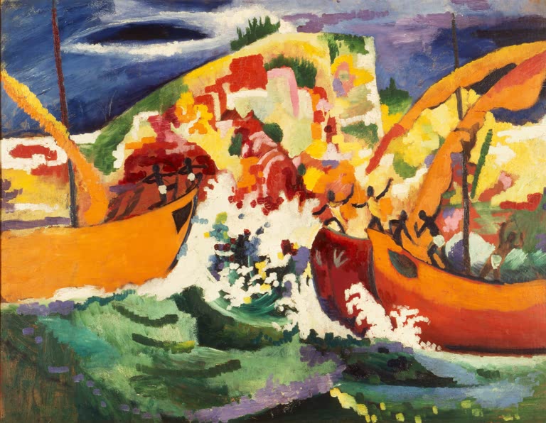 Seeschlacht der Einheimischen von August Macke, expressionistisches Gemälde mit bunten Booten und bewegtem Wasser. 