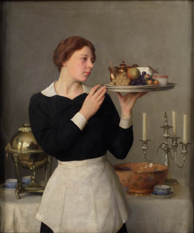 "Die Kellnerin" von William McGregor Paxton – realistisches Porträt einer jungen Frau im sanften Licht.