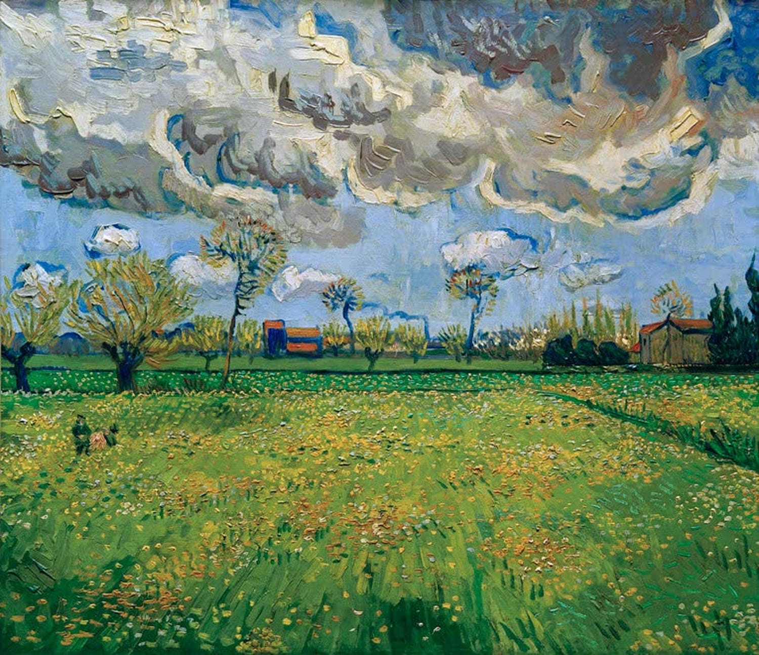 Kunstdruck des Gemäldes „Wiesen“ von Vincent van Gogh mit weiten, grünen Feldern, lebendigen Farben und dynamischen Pinselstrichen.