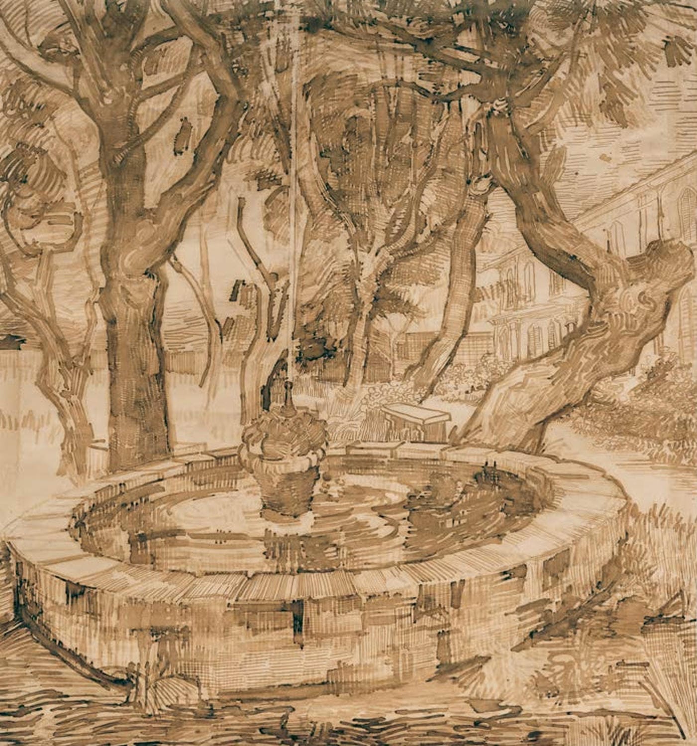 Springbrunnen der Heilanstalt von Vincent van Gogh – impressionistische Parkszene mit Brunnen und Bäumen, als hochwertiger Kunstdruck auf Poster oder Leinwand erhältlich.