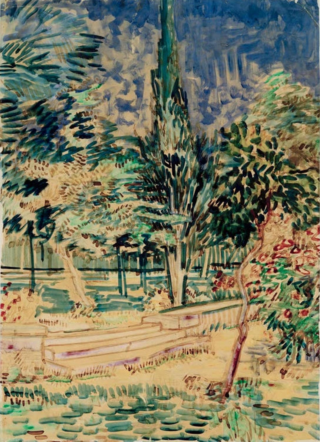 Kunstdruck des Gemäldes „Stufen im Garten der Heilanstalt“ von Vincent van Gogh mit Treppen zwischen Gartenanlagen, leuchtenden Farben und typischen Pinselstrichen.