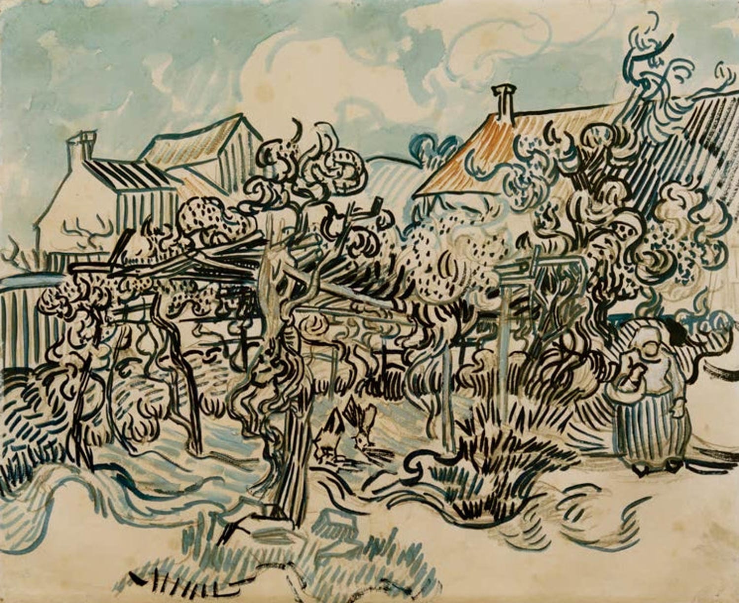 Kunstdruck des Gemäldes „Alter Weingarten mit Bäuerin“ von Vincent van Gogh mit Weinreben, einer arbeitenden Frau und lebendigen, expressiven Farben.