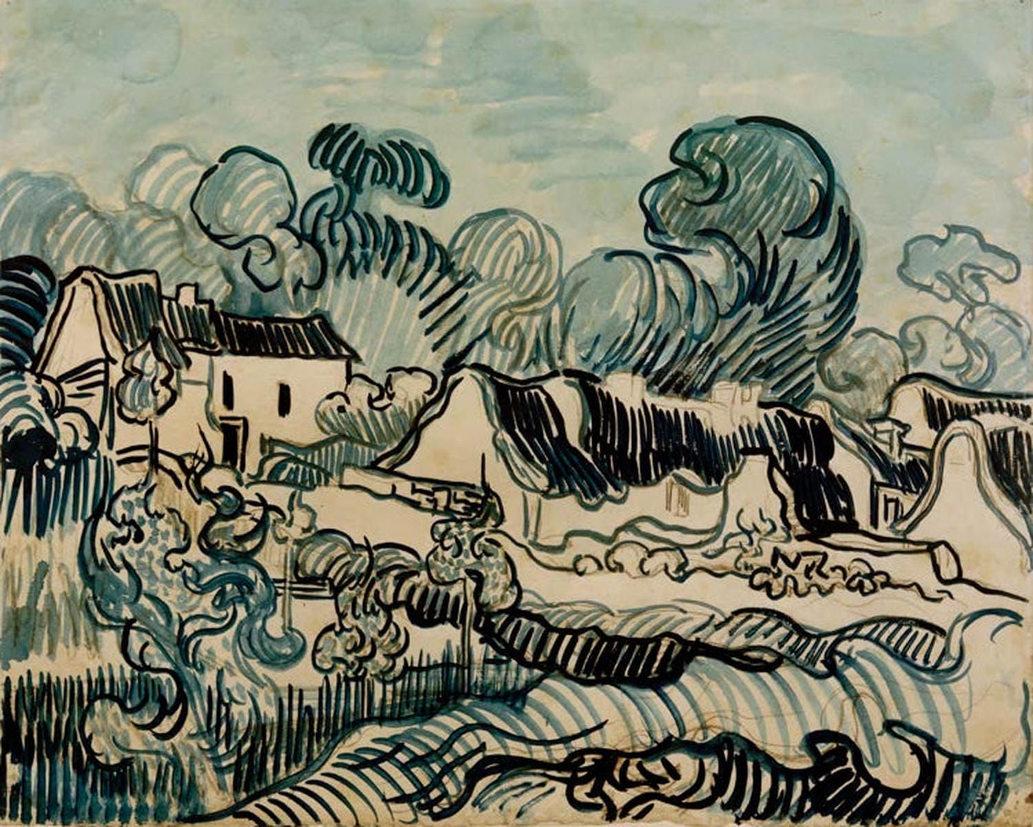 „Landschaft mit Häusern“ von Vincent van Gogh – postimpressionistische Dorflandschaft mit expressiven Farben, dynamischem Himmel und lebendiger Struktur der Häuser.