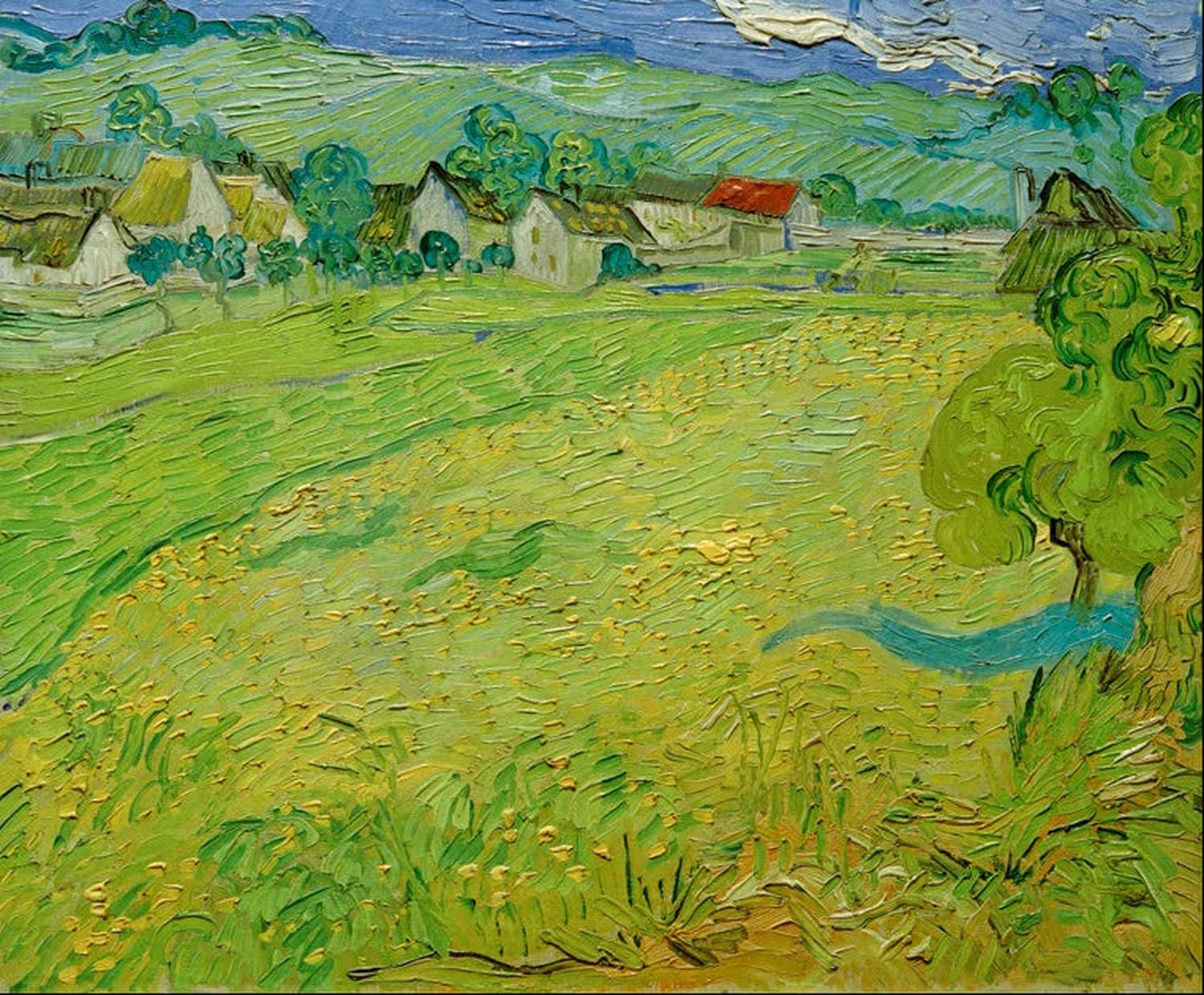 „Blick auf Vessenots in Auvers“ von Vincent van Gogh: Dorf- und Landschaftsansicht mit Häusern, Feldern und Bäumen in lebendigen Farben und dynamischen Pinselstrichen.