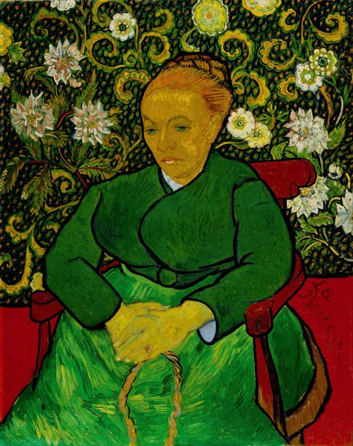 Kunstdruck des Gemäldes „Porträt von Madame Roulin“ von Vincent van Gogh mit Porträt einer Frau in kräftigen, lebendigen Farben