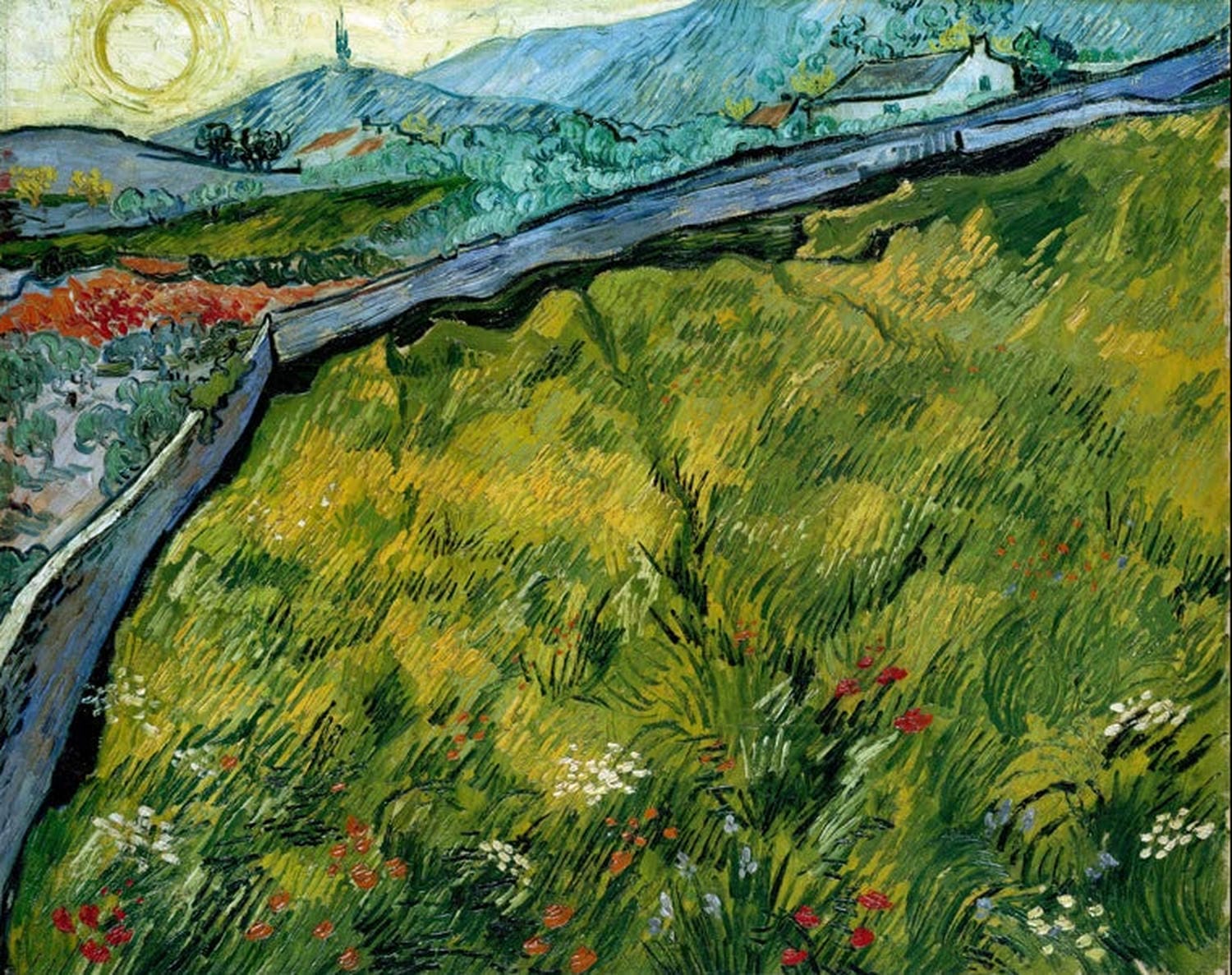 „Eingezäuntes Weizenfeld mit aufgehender Sonne“ von Vincent van Gogh: Weizenfeld mit Zaun und aufgehender Sonne, in leuchtenden Farben und dynamischen Pinselstrichen dargestellt.