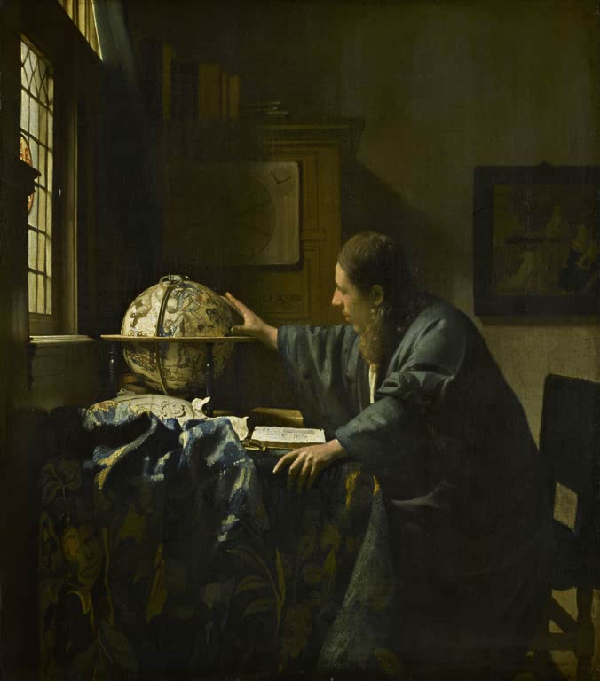 Der Astronom von Johannes Vermeer – Gelehrter bei der Arbeit im sanften Licht, barockes Interieur.