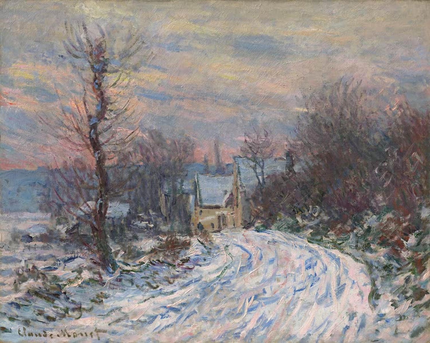 Claude Monet – Ortseingang von Giverny im Winter (1885), impressionistische Winterlandschaft mit verschneitem Weg und Gebäuden in Giverny