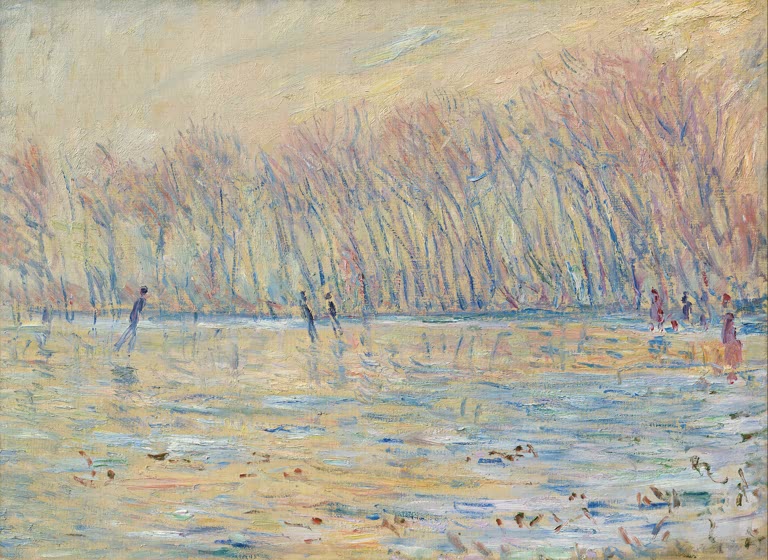 Claude Monet – Schlittschuhläufer in Giverny (1899), impressionistisches Winterbild mit Eisläufern und Bäumen, Museum Barberini