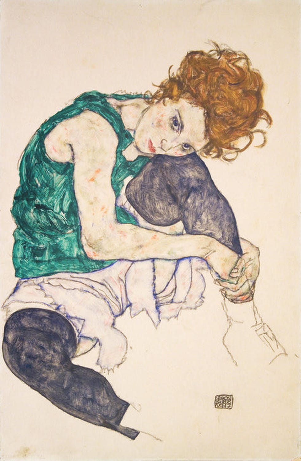 Kunstdruck: Sitzende Frau mit angezogenen Beinen | Egon Schiele
