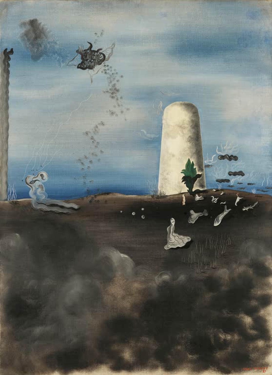 "Death Watching his Family" von Yves Tanguy – surrealistische Traumlandschaft mit abstrakten Formen.