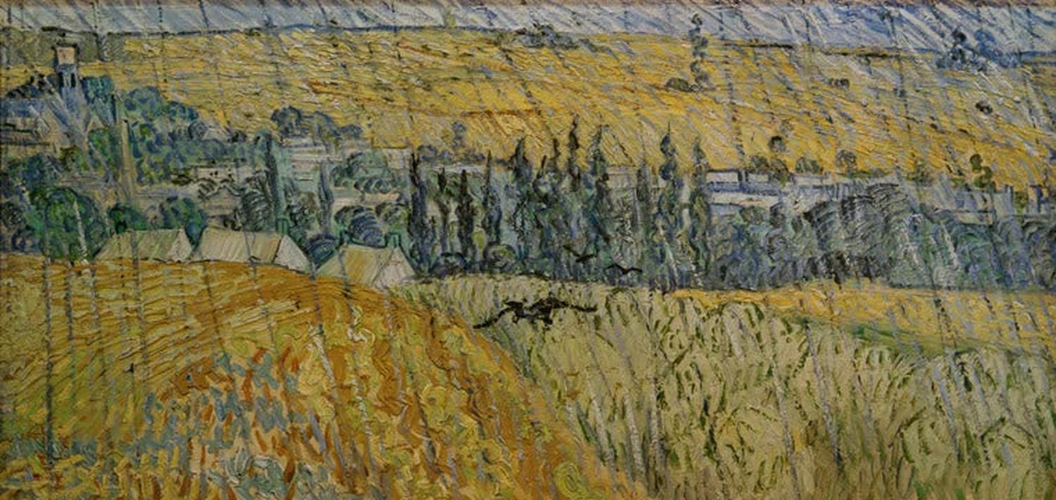 „Auvers bei Regen“ von Vincent van Gogh – postimpressionistische Regenlandschaft in Auvers, mit dynamischem Himmel, nassen Straßen und lebendiger Farbigkeit.