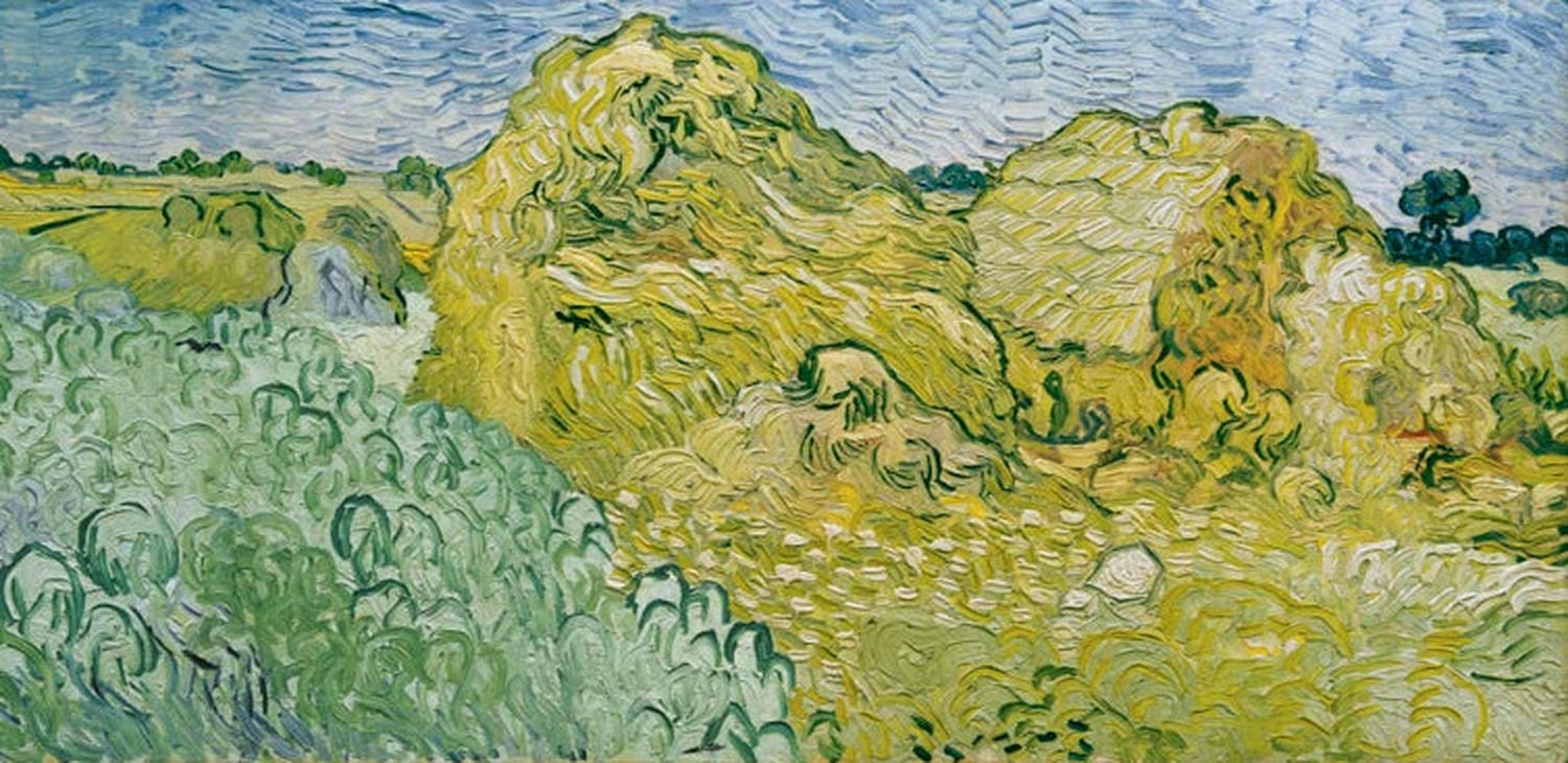 Feld mit Heuschobern von Vincent van Gogh – impressionistische Landschaft mit Heuschobern auf einem weiten Feld, als Kunstdruck auf Poster oder Leinwand erhältlich.