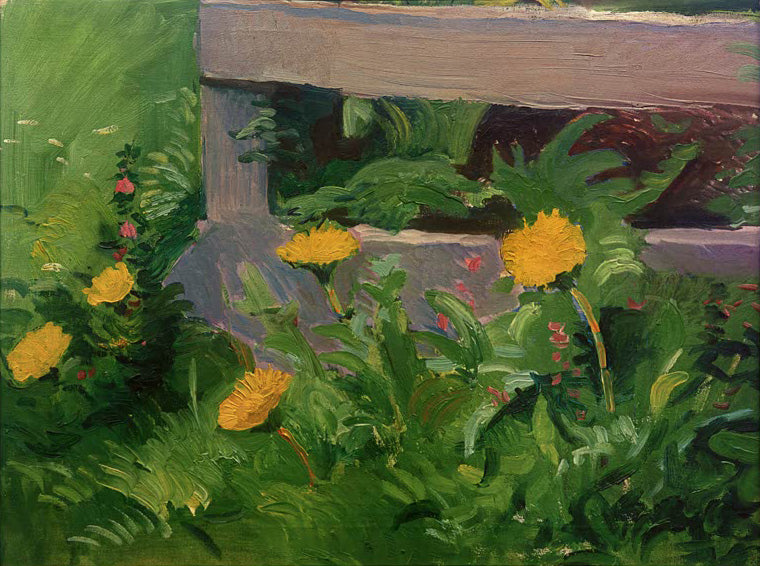 Gemälde Kettenblumen an einem Holzzaun von August Macke mit blühenden Blumen am Gartenzaun