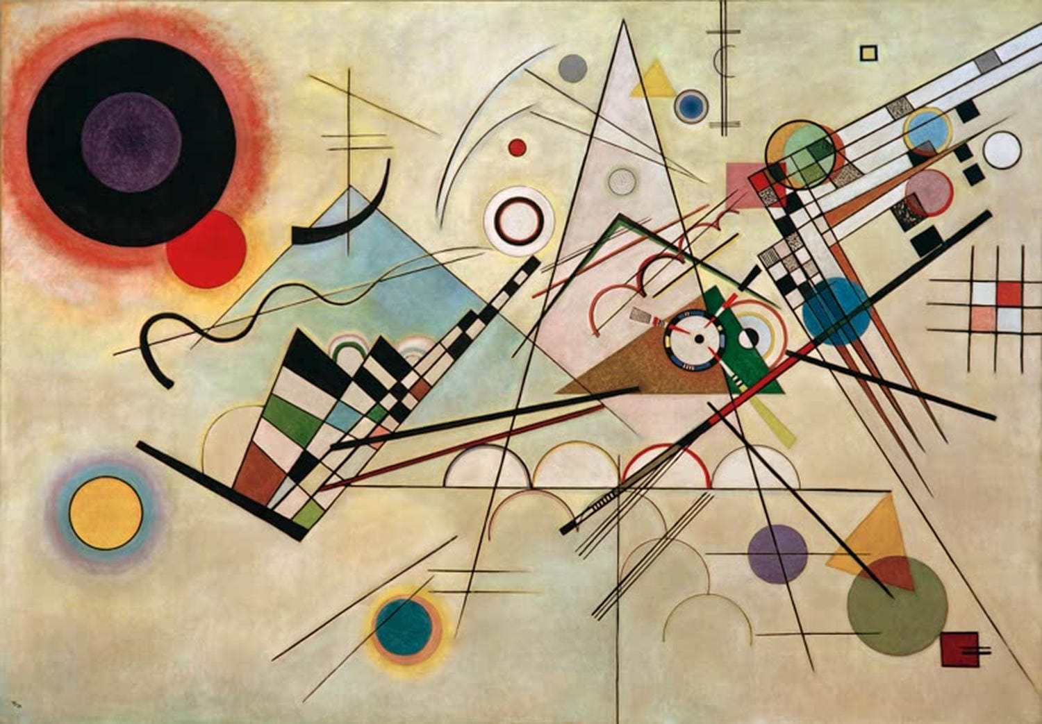 Wassily Kandinsky Gemälde „Komposition VIII“ – abstrakte Darstellung mit geometrischen Formen und lebendigen Farben.