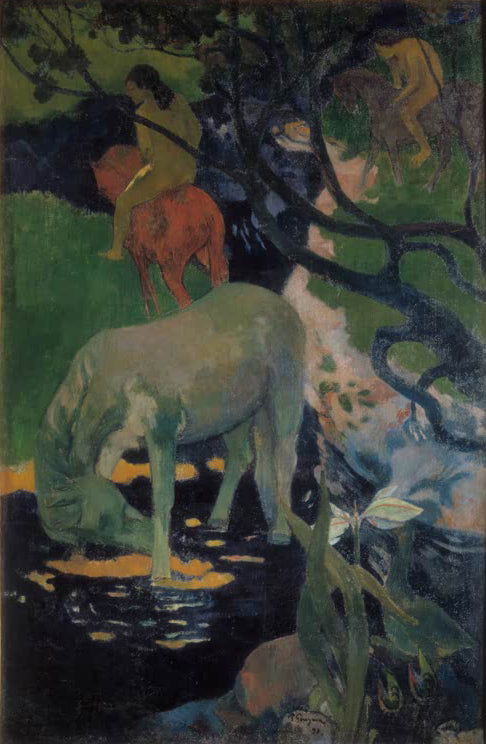 Symbolistisches Gemälde eines weißen Pferdes in bunter, tropischer Landschaft von Paul Gauguin.