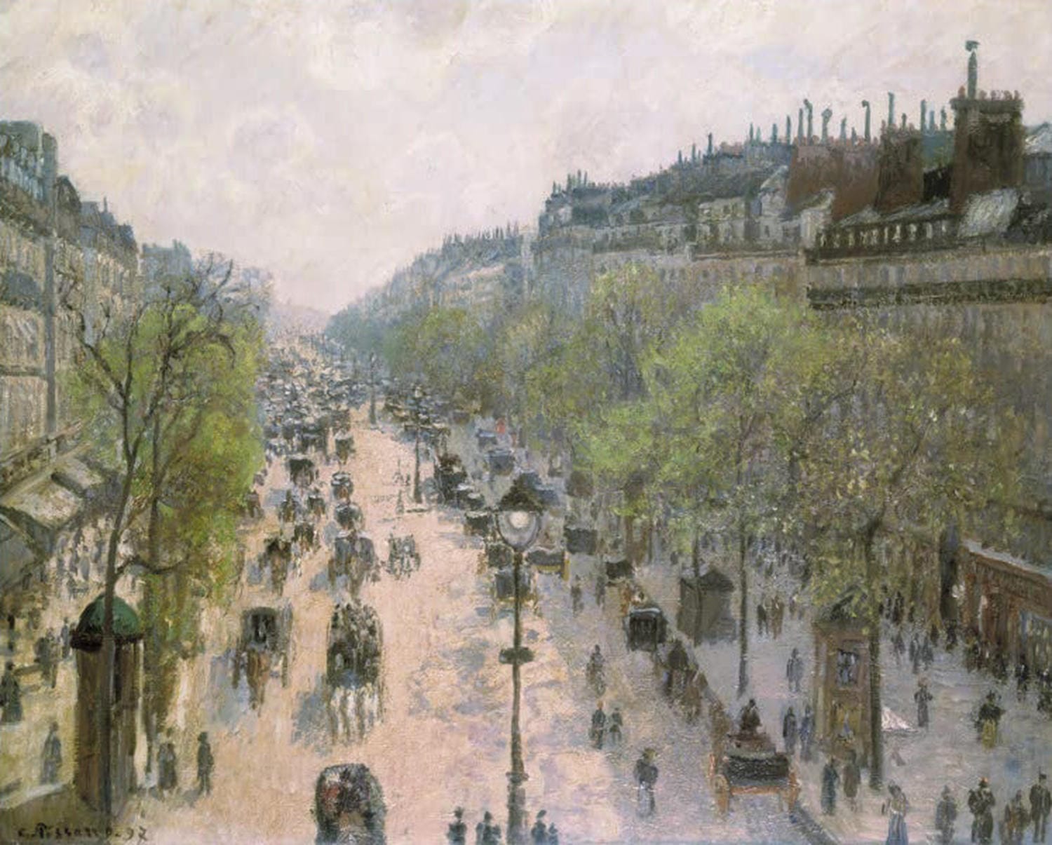 "Boulevard Montmartre, Frühling" von Camille Pissarro – lebhafte Pariser Straßenszene im Frühling.