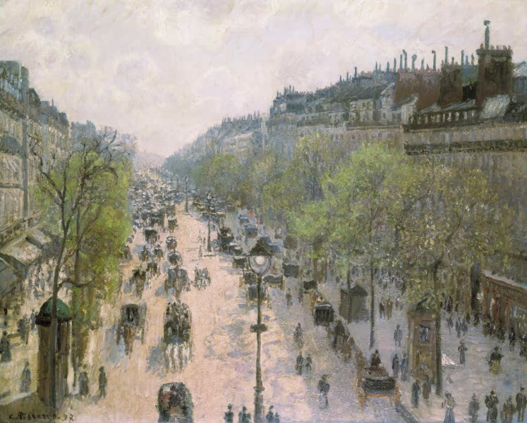 "Boulevard Montmartre, Frühling" von Camille Pissarro – lebhafte Pariser Straßenszene im Frühling.