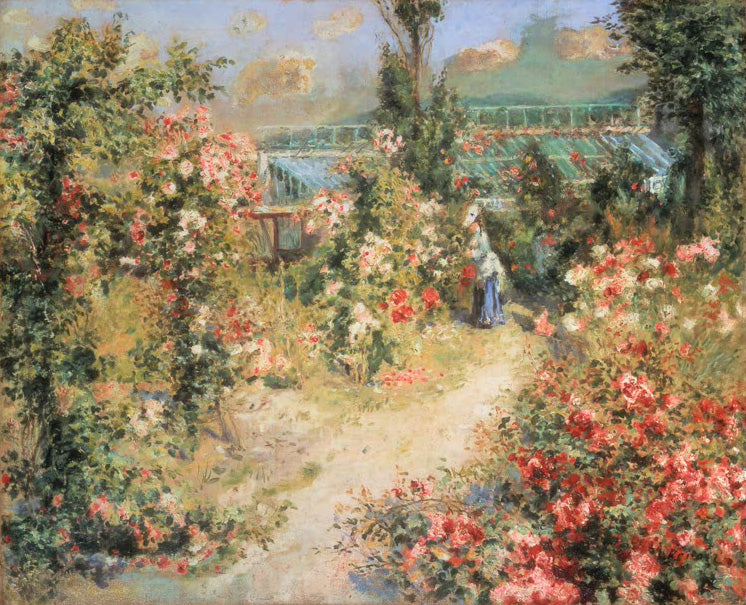 Impressionistisches Gemälde "Das Gewächshaus" von Pierre-Auguste Renoir mit eleganter Frau inmitten exotischer Pflanzen.