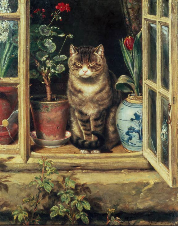 Kunstdruck Katze in einem Landhausfenster von Ralph Hedley mit Katze am Fenster in gemütlicher Landhausatmosphäre
