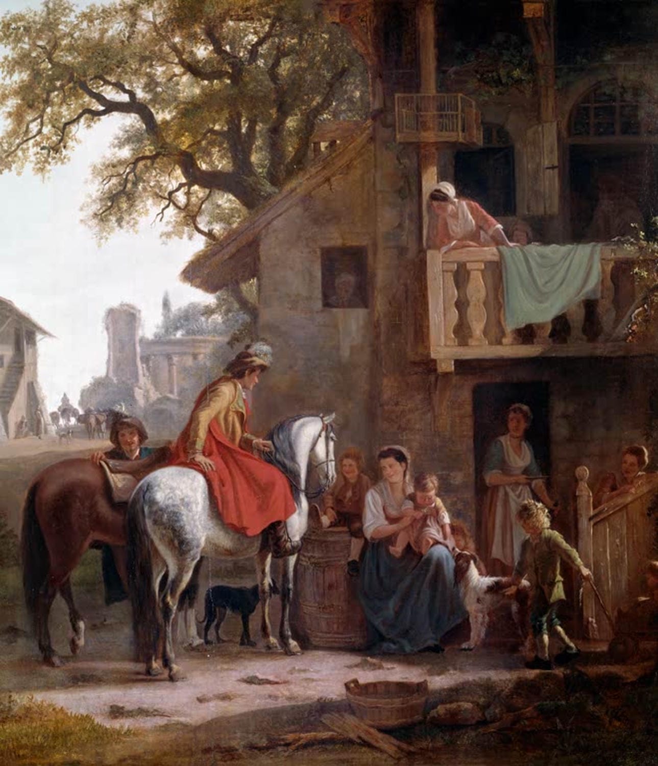 Gemälde „Der Besuch auf dem Bauernhof“ von Jean-Daniel Huber – Ölmalerei des 18. Jahrhunderts, ländliche Szene mit Bauern, Tieren und Besuchern