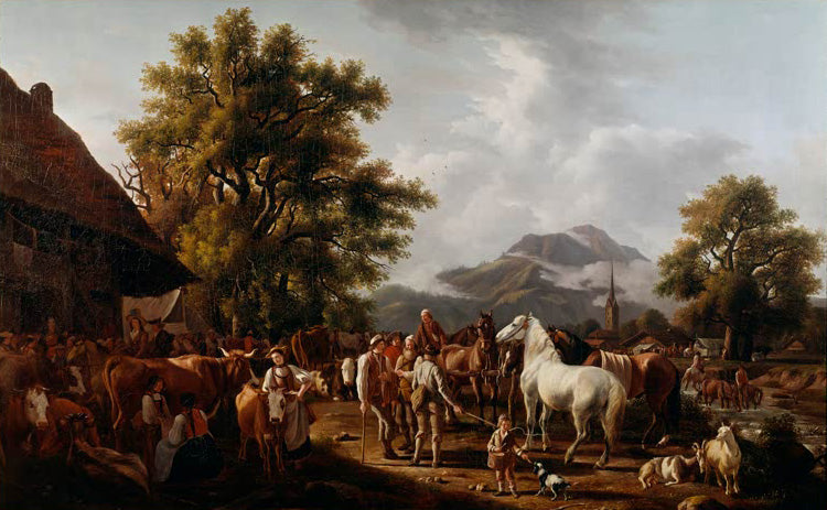 Gemälde „Der Jahrmarkt“ von Jean-Daniel Huber – lebendige Ölmalerei eines Jahrmarkts im 18. Jahrhundert, europäische Genremalerei