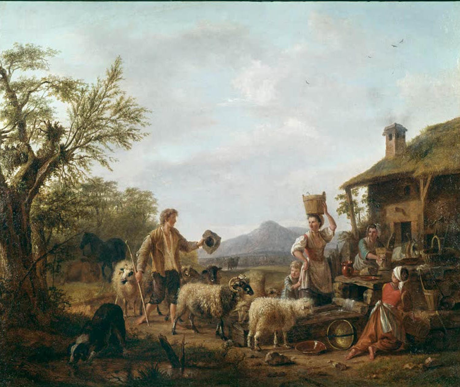 Gemälde „Der Schäfer“ von Jean-Daniel Huber – Ölmalerei des 18. Jahrhunderts, idyllische ländliche Szene mit Schäfer und Herde