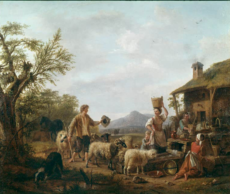 Gemälde „Der Schäfer“ von Jean-Daniel Huber – Ölmalerei des 18. Jahrhunderts, idyllische ländliche Szene mit Schäfer und Herde