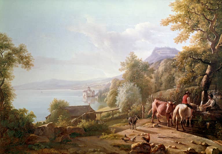 Gemälde „Schloss Chillon“ von Jean-Daniel Huber – Ölmalerei des historischen Schlosses am Genfersee, vedutenhafte Landschafts- und Architekturmalerei des 18. Jahrhunderts