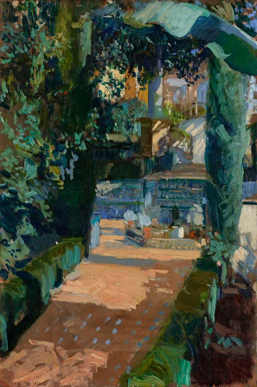 "Court of the Dances, Alcázar, Sevilla" von Joaquín Sorolla – sonniger Innenhof des Alcázars mit mediterraner Architektur und Garten.