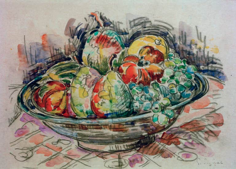„Stillleben mit Obstschale“ von Paul Signac – farbenfrohes Stillleben mit Obstschale in neoimpressionistischer Malweise.