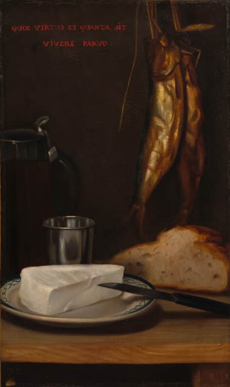 Stillleben mit Hering, Brot und Käse von Alexandre-Gabriel Decamps – realistisches Gemälde einer einfachen Mahlzeit