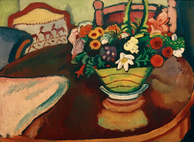 Gemälde Stillleben mit Hirschkissen von August Macke mit Kissen und dekorativen Alltagsobjekten