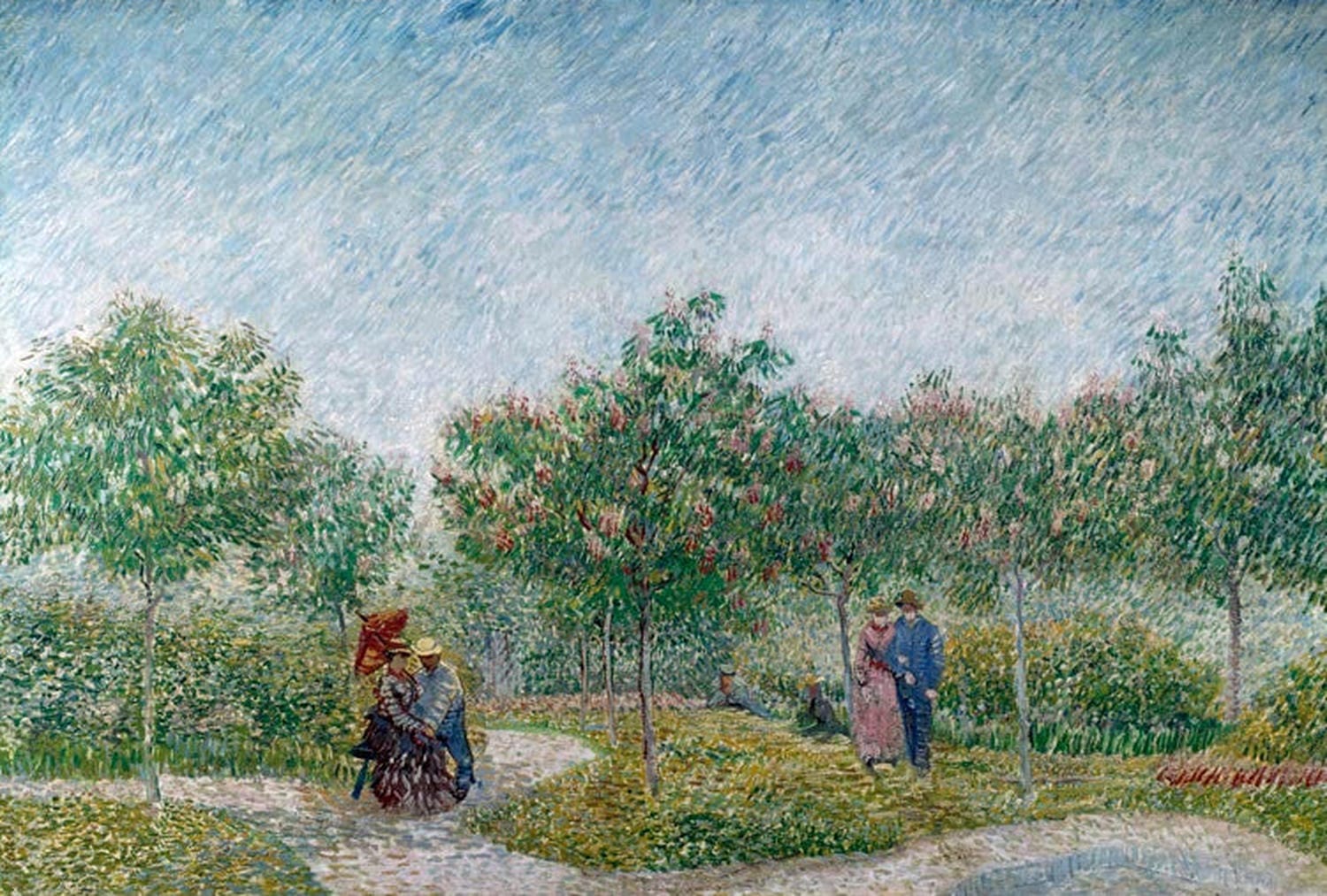Kunstdruck „Liebespaare im Park Voyer d'Argenson in Asnières“ von Vincent van Gogh mit Paaren im Park, sonnigen Farben und lebendigem, expressivem Pinselstrich.