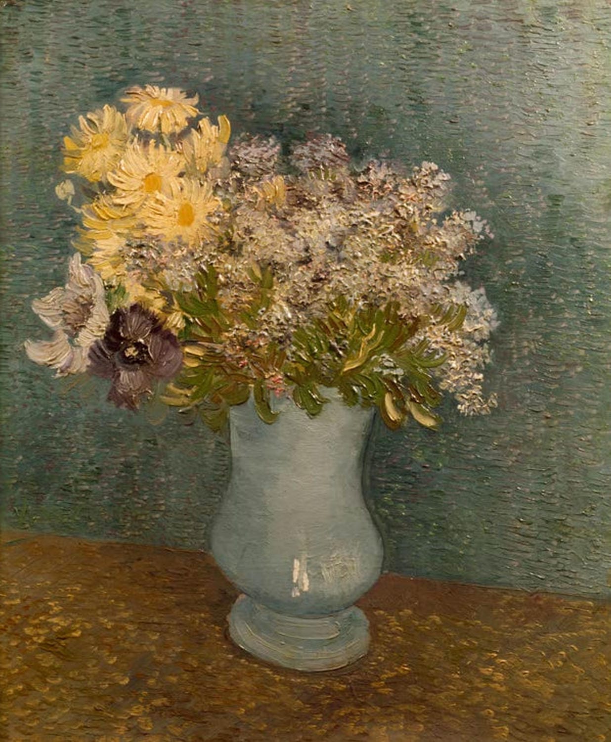 Kunstdruck des Gemäldes „Vase mit Flieder, Margeriten und Anemonen“ von Vincent van Gogh mit buntem Blumenstrauß in einer Vase