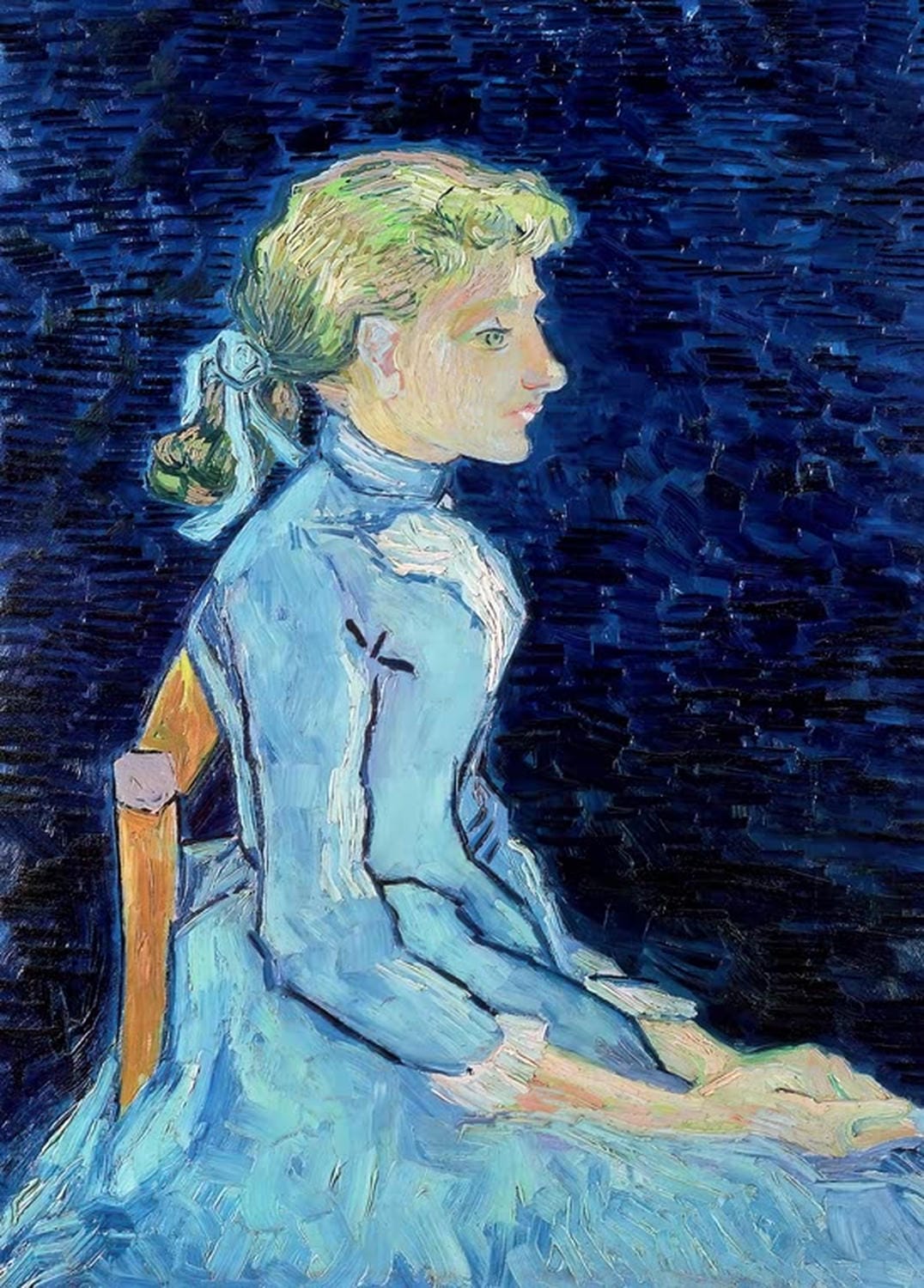 Kunstdruck „Adeline Ravoux“ von Vincent van Gogh mit lebendigem Porträt der jungen Frau, leuchtenden Farben und charakteristischem Pinselstrich.