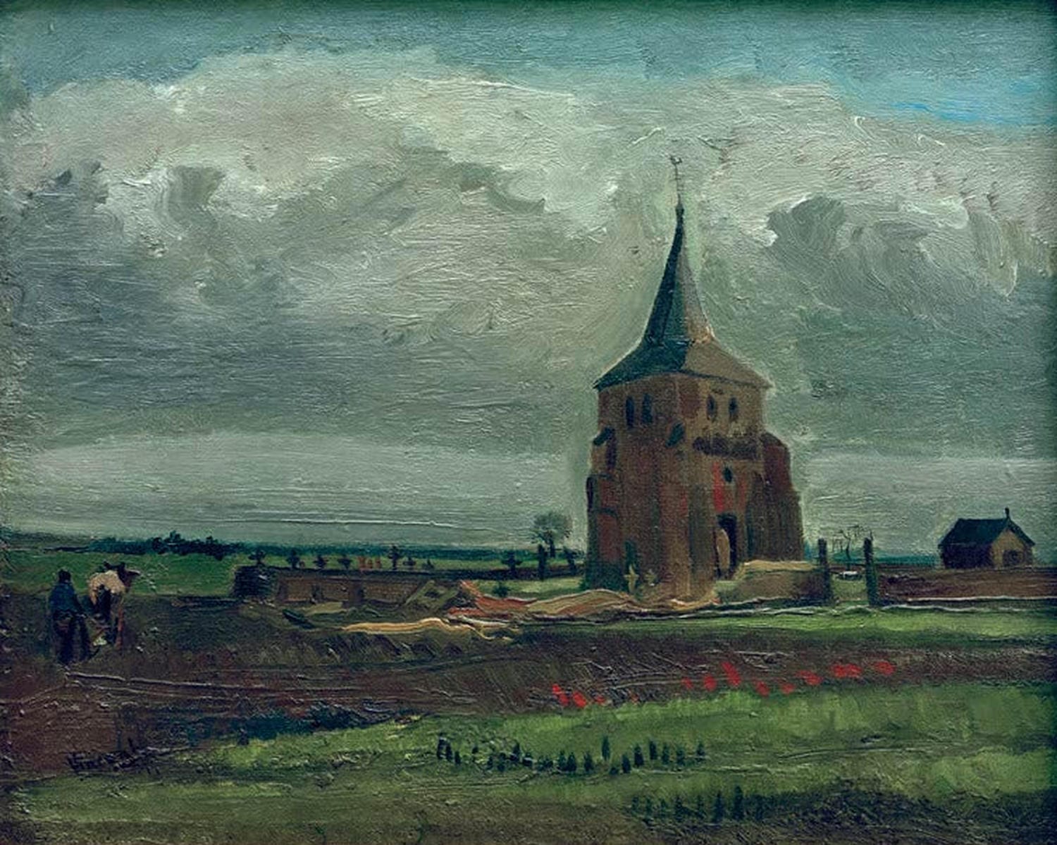 Kunstdruck „Der alte Friedhofsturm in Nuenen mit pflügendem Bauer“ von Vincent van Gogh – historische Landschaft mit Bauer als hochwertiger Kunstdruck, auf Leinwand oder Poster, optional gerahmt.