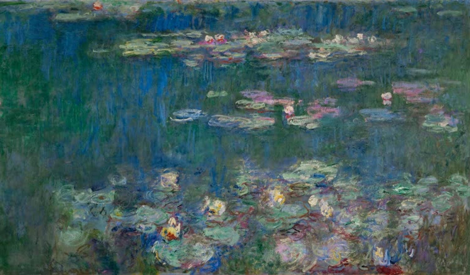 Claude Monet Gemälde „Der Seerosenteich, grüne Reflexionen“ – impressionistische Darstellung von Seerosen auf einem Teich.
