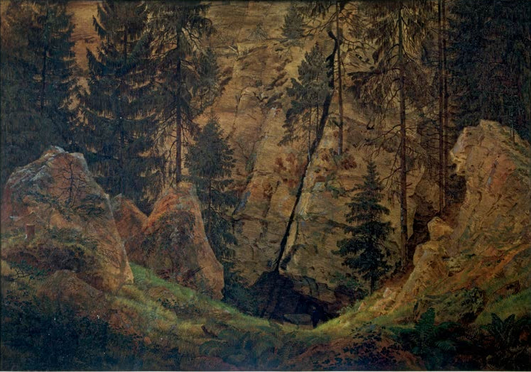 „Felsental (Das Grab des Arminius)“ von Caspar David Friedrich – romantische Felslandschaft mit monumentalen Felsen und symbolischer Atmosphäre.