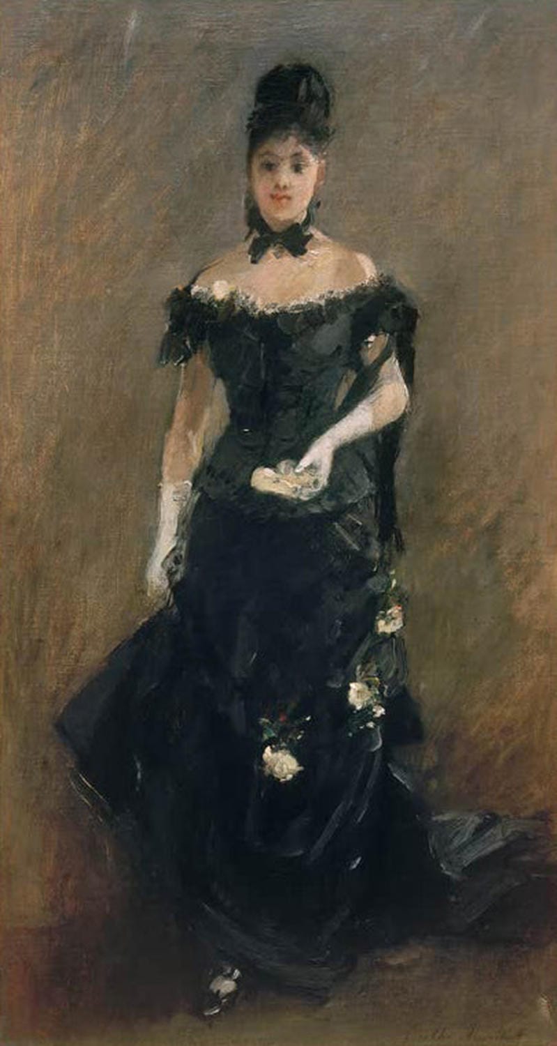 Berthe Morisot Gemälde „Dame in Schwarz vor dem Theater“ – impressionistisches Porträt einer elegant gekleideten Frau.