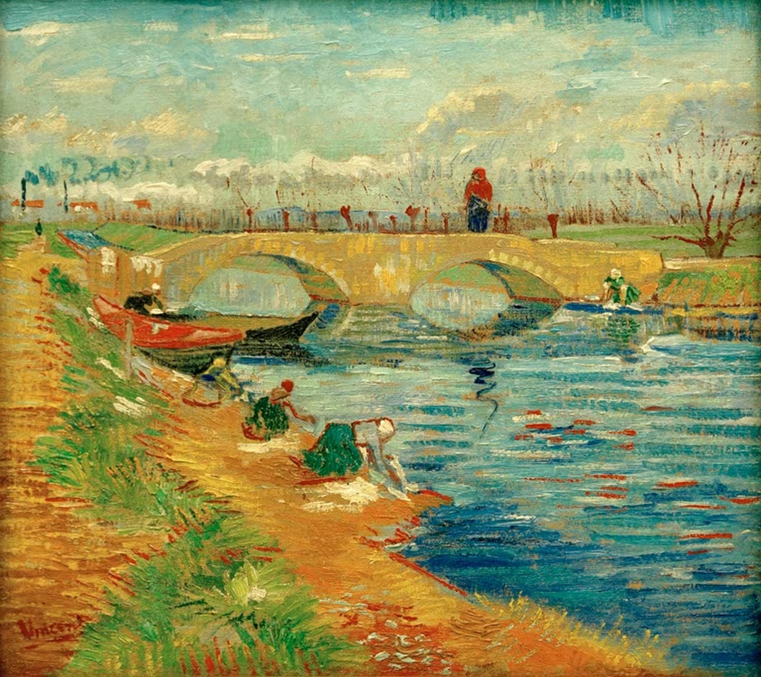 Kunstdruck des Gemäldes „Pont de Gleize bei Arles“ von Vincent van Gogh mit Brücke über den Fluss bei Arles in lebendigen Farben